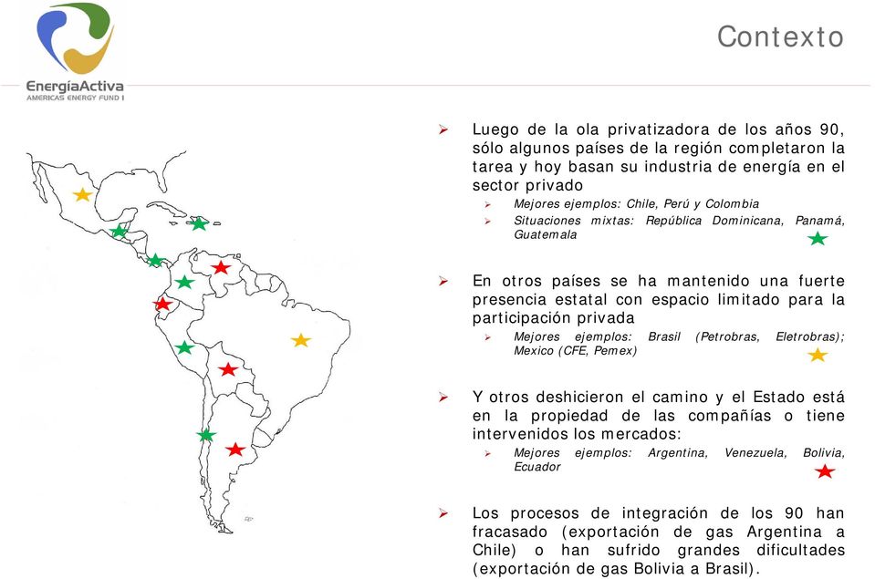 ejemplos: Brasil (Petrobras, Eletrobras); Mexico (CFE, Pemex) Y otros deshicieron el camino y el Estado está en la propiedad de las compañías o tiene intervenidos los mercados: Mejores ejemplos: