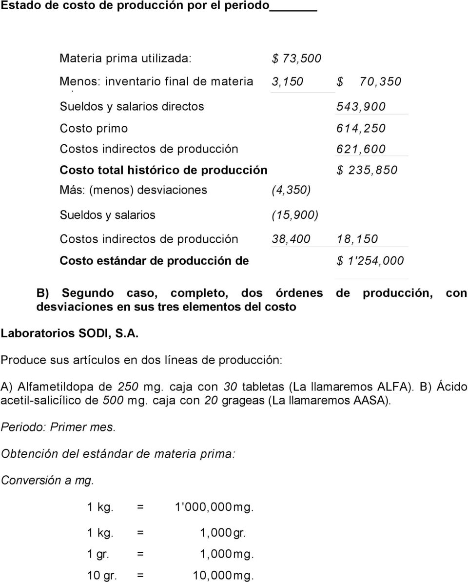 estándar de producción de $ 1'254,000 B) Segundo caso, completo, dos órdenes de producción, con desviaciones en sus tres elementos del costo Laboratorios SODI, S.A.