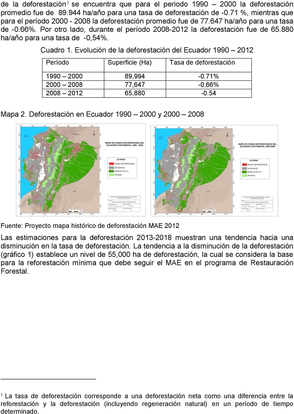 88 ha/año para una tasa de -,54%. Cuadro 1. Evolución de la deforestación del Ecuador 199 212 Período Superficie (Ha) Tasa de deforestación 199 2 89,994 -.71% 2 28 77,647 -.66% 28 212 65,88 -.