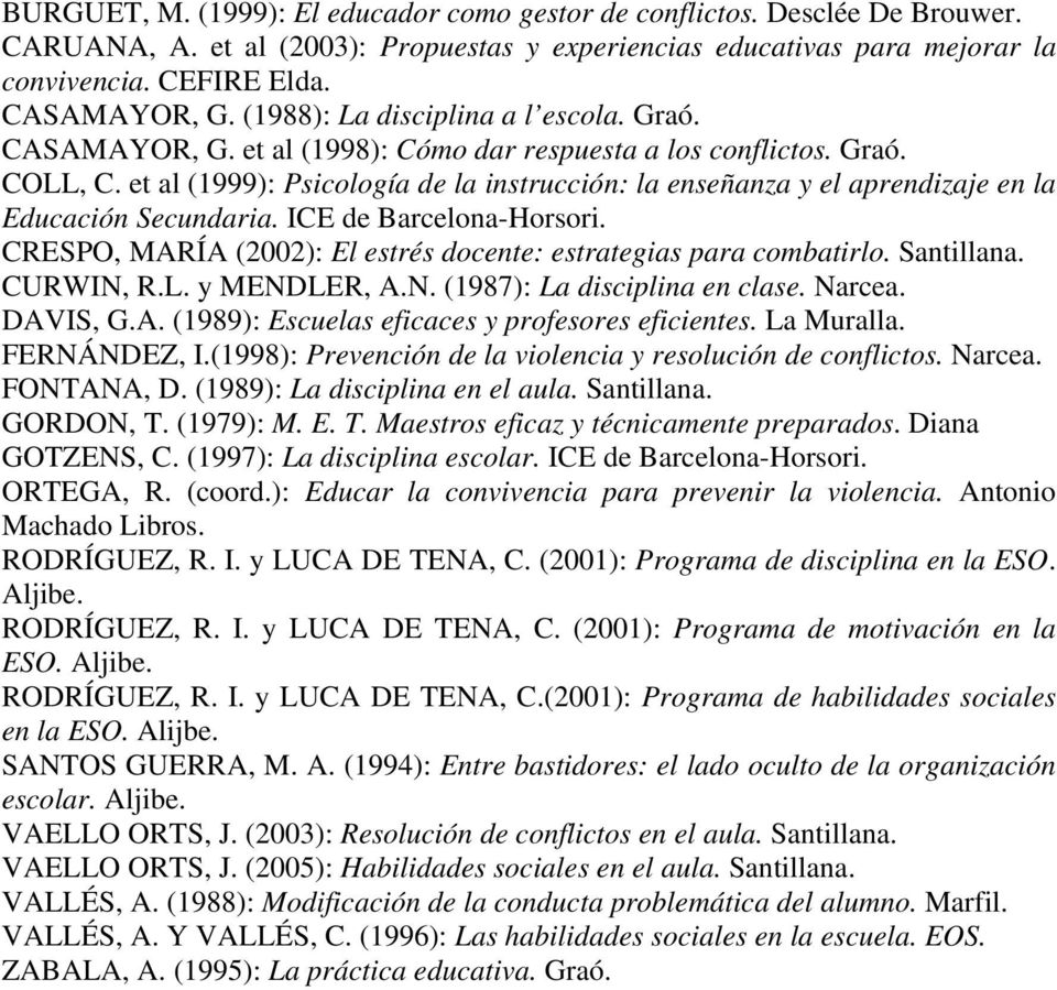 et al (1999): Psicología de la instrucción: la enseñanza y el aprendizaje en la Educación Secundaria. ICE de Barcelona-Horsori. CRESPO, MARÍA (2002): El estrés docente: estrategias para combatirlo.