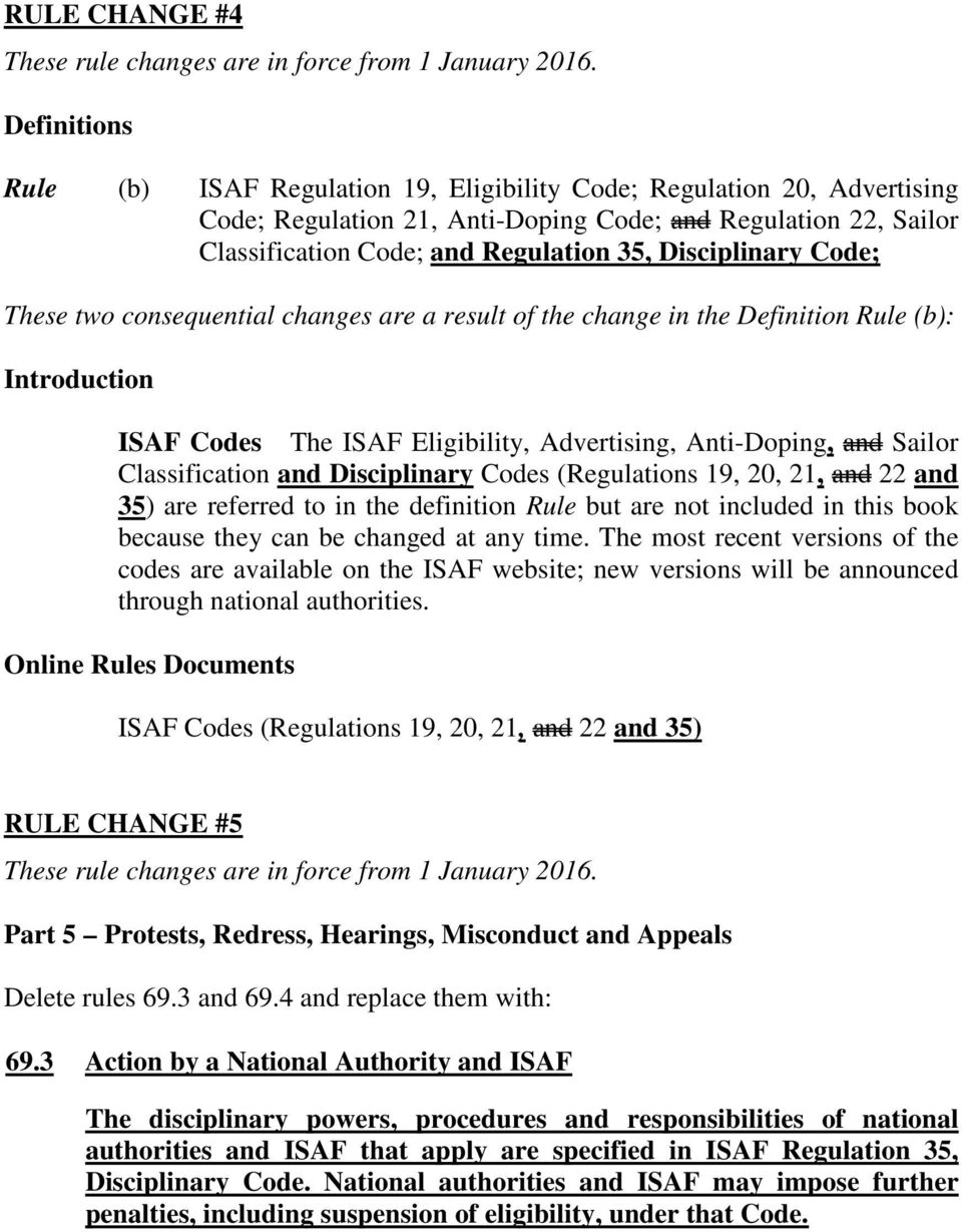 Disciplinary Code; These two consequential changes are a result of the change in the Definition Rule (b): Introduction ISAF Codes The ISAF Eligibility, Advertising, Anti-Doping, and Sailor