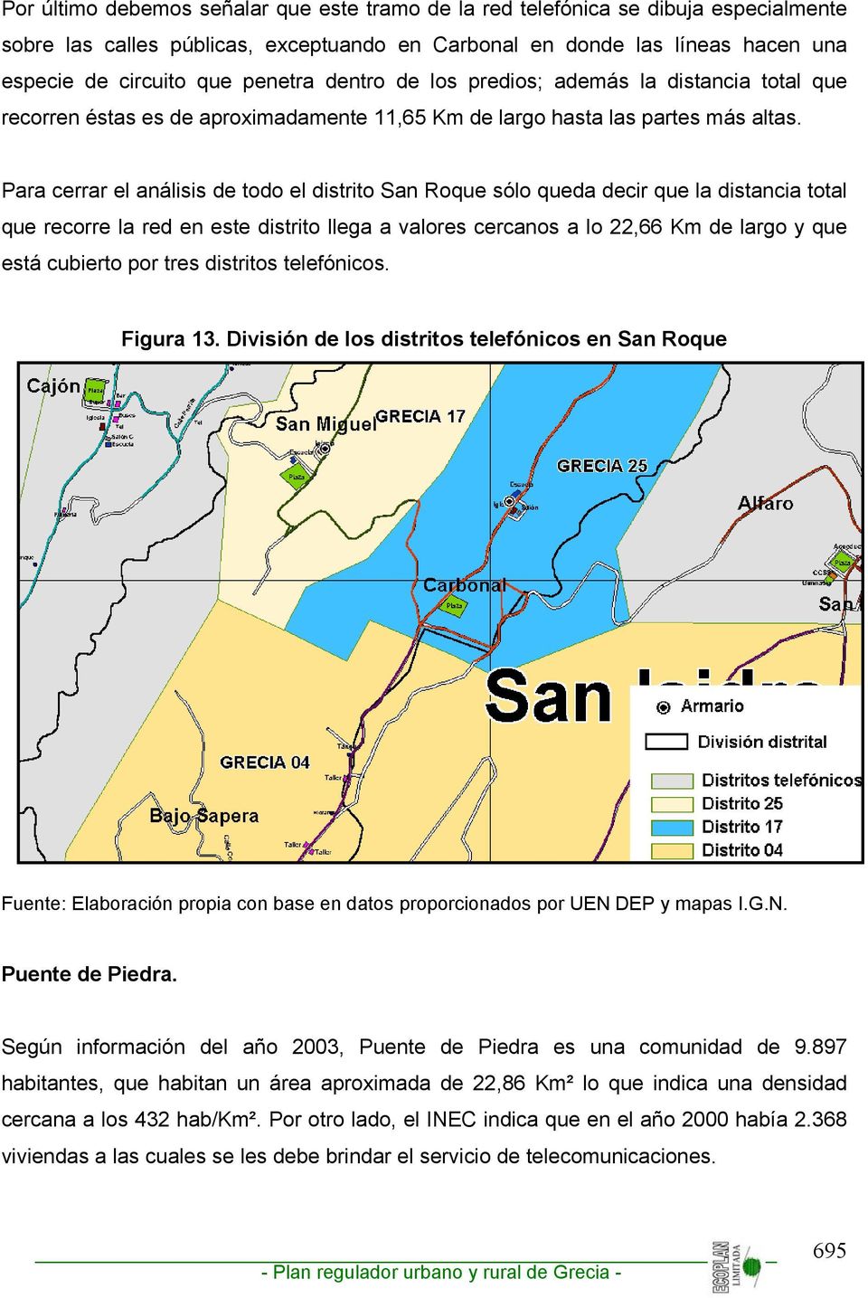 Para cerrar el análisis de todo el distrito San Roque sólo queda decir que la distancia total que recorre la red en este distrito llega a valores cercanos a lo 22,66 Km de largo y que está cubierto