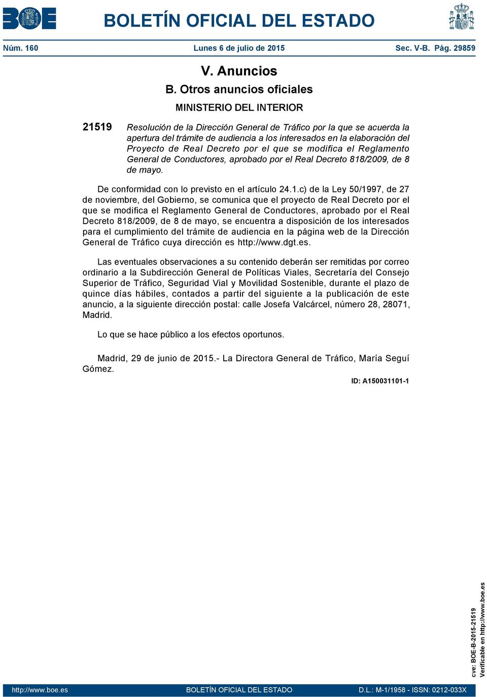Proyecto de Real Decreto por el que se modifica el Reglamento General de Conductores, aprobado por el Real Decreto 818