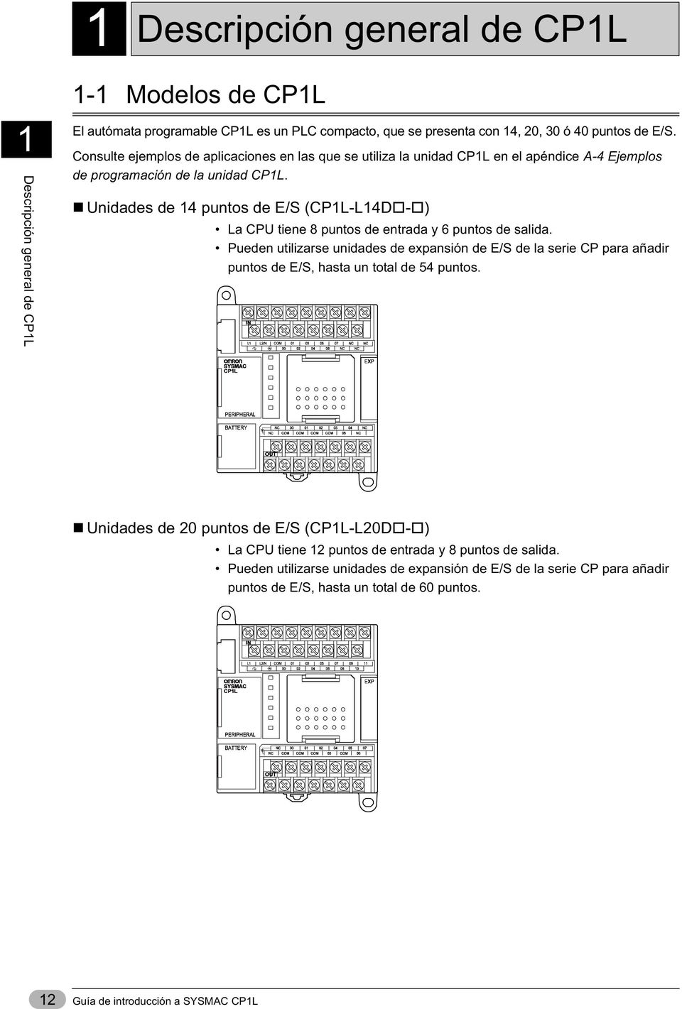 Unidades de 14 puntos de E/S (CP1L-L14D - ) La CPU tiene 8 puntos de entrada y 6 puntos de salida.