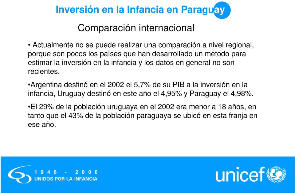Argentina destinó en el 2002 el 5,7% de su PIB a la inversión en la infancia, Uruguay destinó en este año el 4,95% y Paraguay el