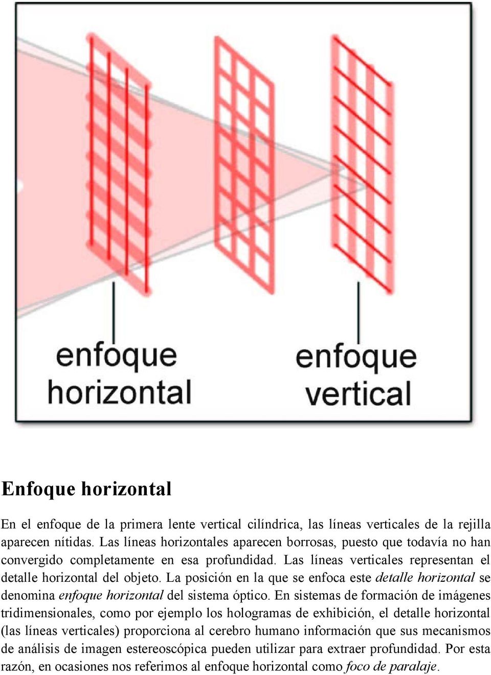 La posición en la que se enfoca este detalle horizontal se denomina enfoque horizontal del sistema óptico.