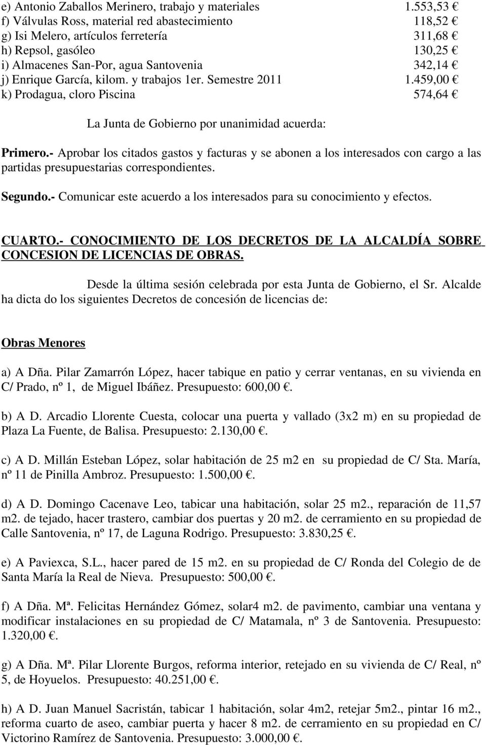 y trabajos 1er. Semestre 2011 1.459,00 k) Prodagua, cloro Piscina 574,64 La Junta de Gobierno por unanimidad acuerda: Primero.