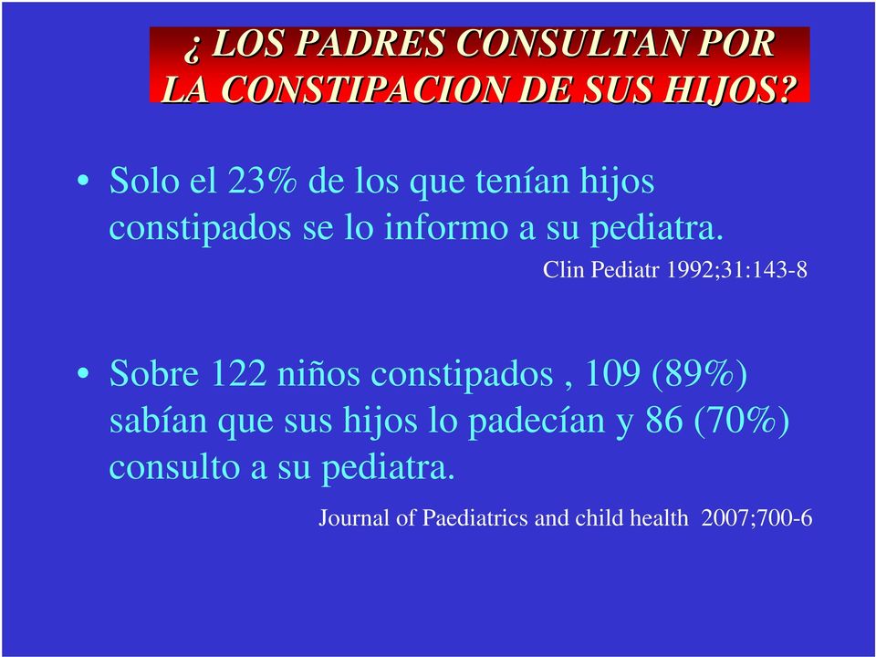 Clin Pediatr 1992;31:143-8 Sobre 122 niños constipados, 109 (89%) sabían que