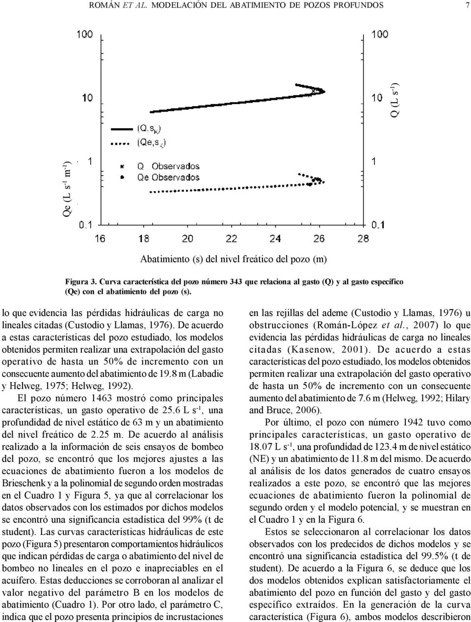 lo que evidencia las pérdidas hidráulicas de carga no lineales citadas (Custodio y Llamas, 1976).