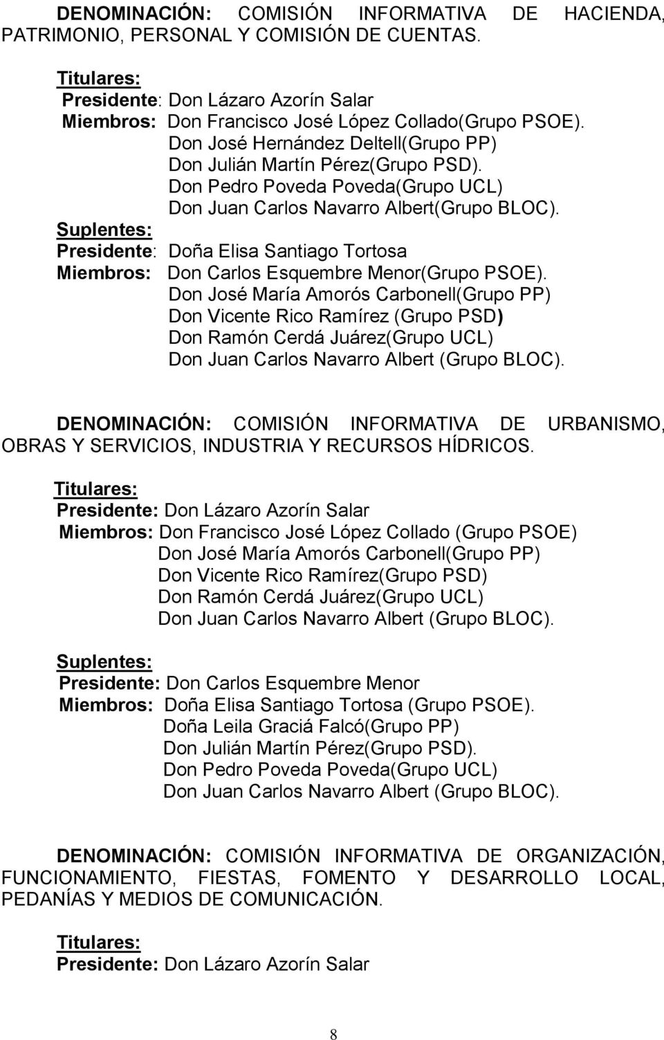 Suplentes: Presidente: Doña Elisa Santiago Tortosa Miembros: Don Carlos Esquembre Menor(Grupo PSOE).