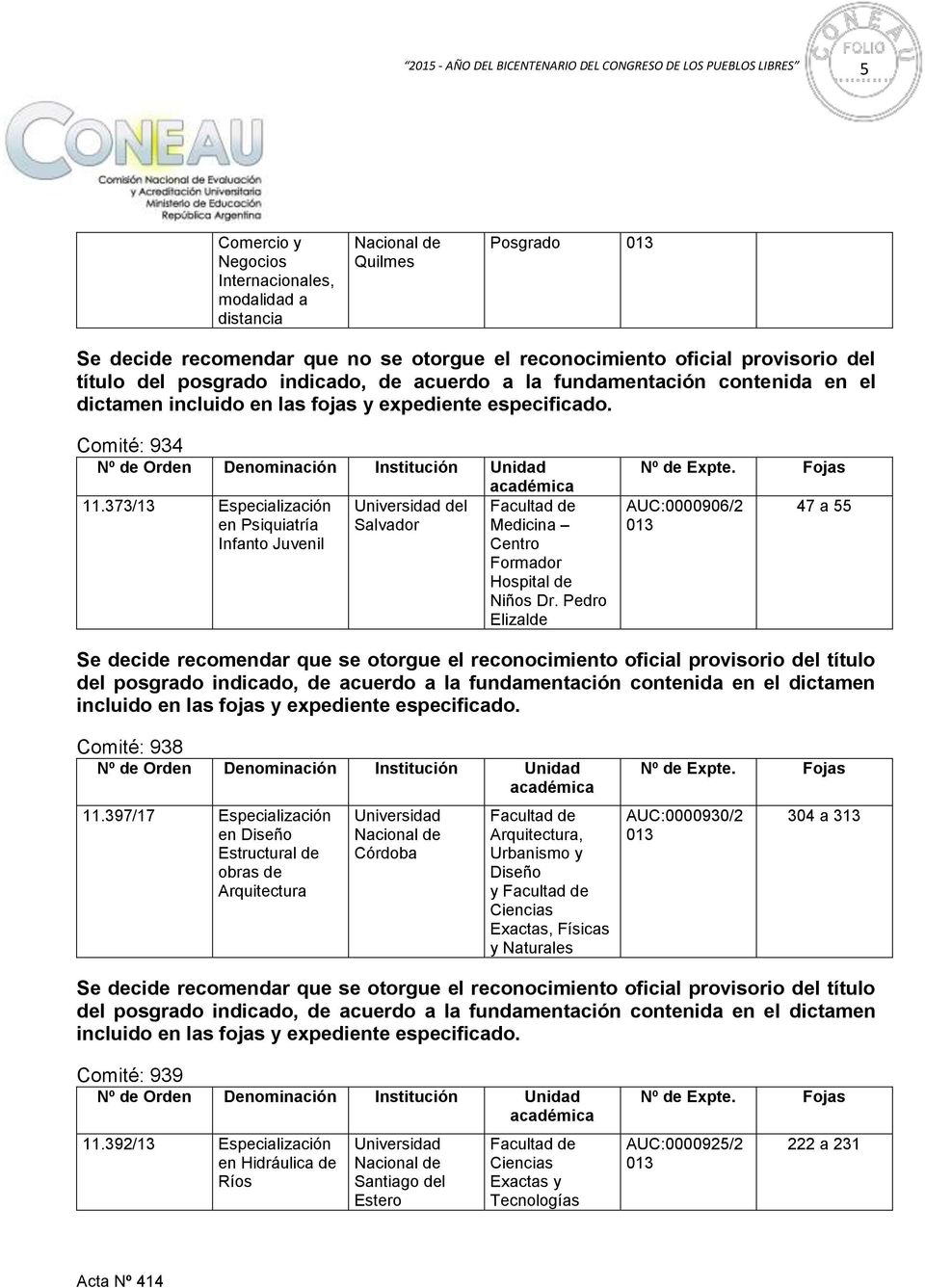 373/13 Especialización en Psiquiatría Infanto Juvenil del Salvador Medicina Centro Hospital de Niños Dr. Pedro Elizalde Expte.