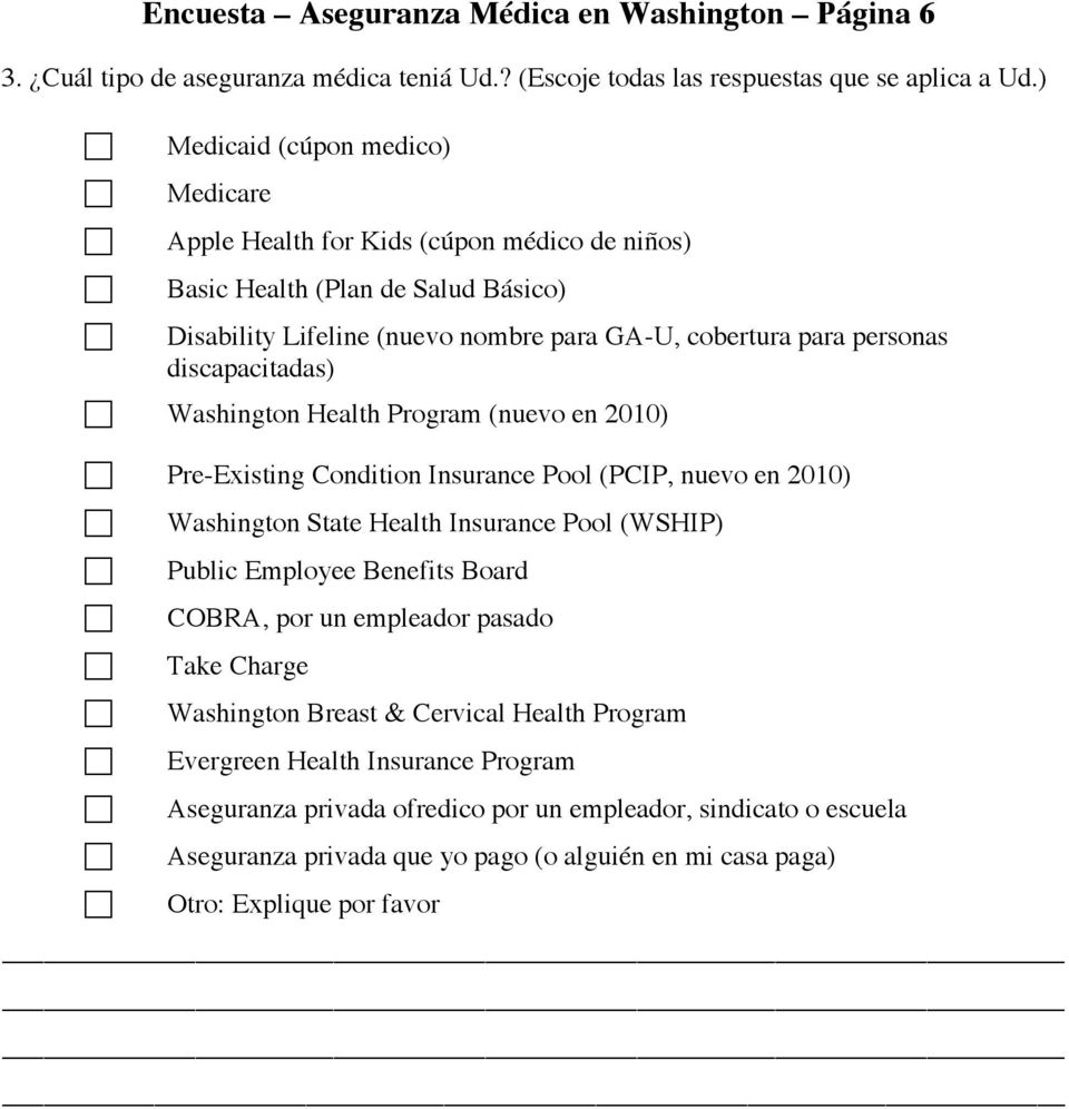 discapacitadas) Washington Health Program (nuevo en 2010) Pre-Existing Condition Insurance Pool (PCIP, nuevo en 2010) Washington State Health Insurance Pool (WSHIP) Public Employee Benefits Board