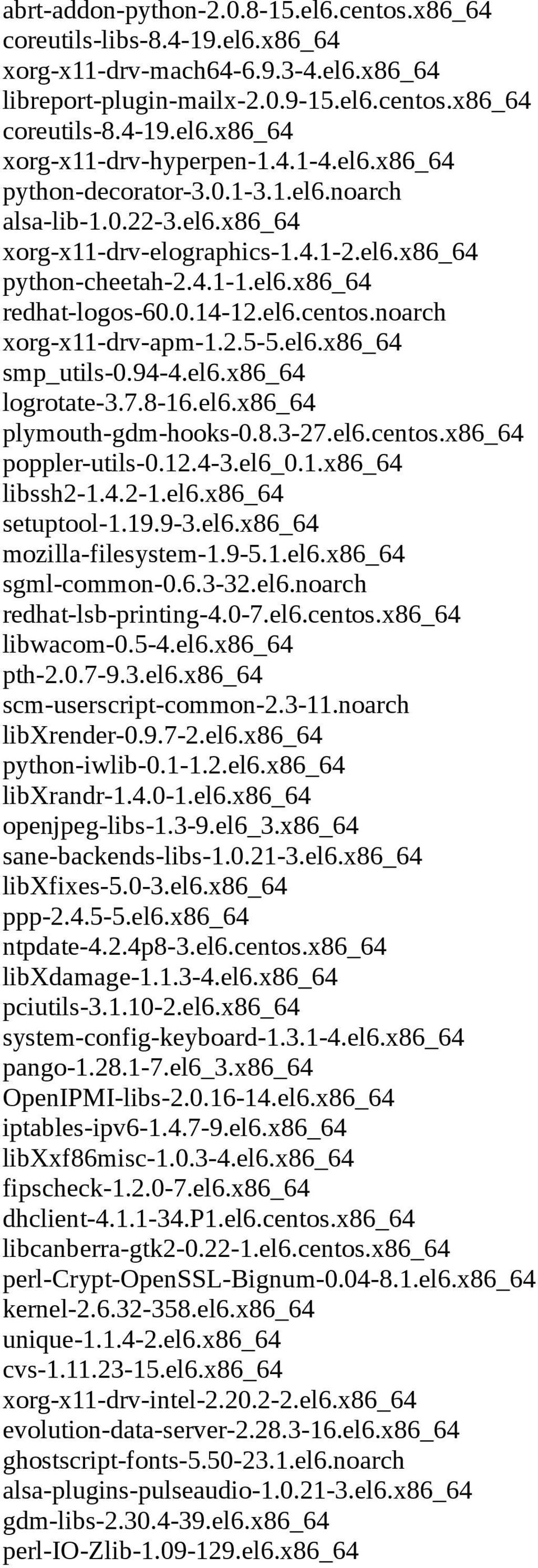 noarch xorg-x11-drv-apm-1.2.5-5.el6.x86_64 smp_utils-0.94-4.el6.x86_64 logrotate-3.7.8-16.el6.x86_64 plymouth-gdm-hooks-0.8.3-27.el6.centos.x86_64 poppler-utils-0.12.4-3.el6_0.1.x86_64 libssh2-1.4.2-1.el6.x86_64 setuptool-1.