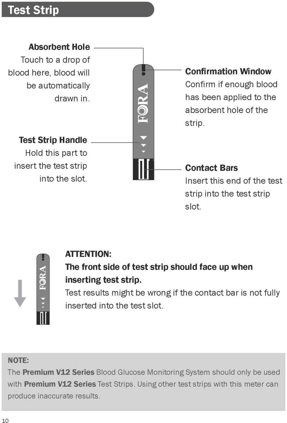 ATTENTION: The front side of test strip should face up when inserting test strip. Test results might be wrong if the contact bar is not fully inserted into the test slot.