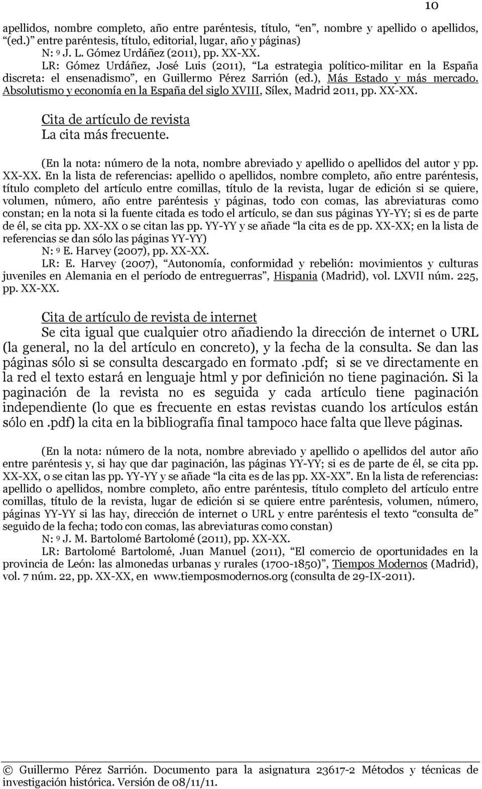 Absolutismo y economía en la España del siglo XVIII, Sílex, Madrid 2011, pp. XX-XX. Cita de artículo de revista La cita más frecuente.