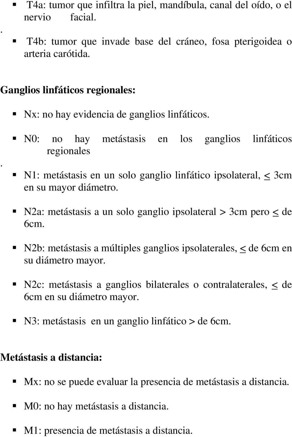 . N0: no hay metástasis en los ganglios linfáticos regionales N1: metástasis en un solo ganglio linfático ipsolateral, < 3cm en su mayor diámetro.