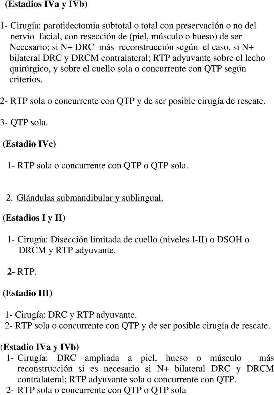 2- RTP sola o concurrente con QTP y de ser posible cirugía de rescate. 3- QTP sola. (Estadio IVc) 1- RTP sola o concurrente con QTP o QTP sola. 2. Glándulas submandibular y sublingual.