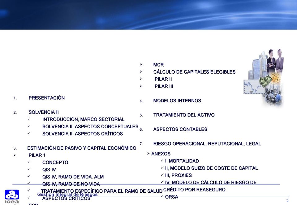 CÁLCULO DE CAPITALES ELEGIBLES PILAR II PILAR III 4. MODELOS INTERNOS 5. TRATAMIENTO DEL ACTIVO 6. ASPECTOS CONTABLES 7.