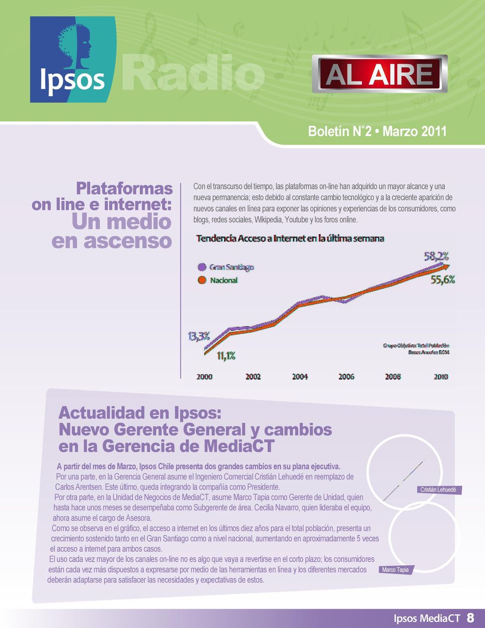 Actualidad en Ipsos: Nuevo Gerente General y cambios en la Gerencia de MediaCT A partir del mes de Marzo, Ipsos Chile presenta dos grandes cambios en su plana ejecutiva.