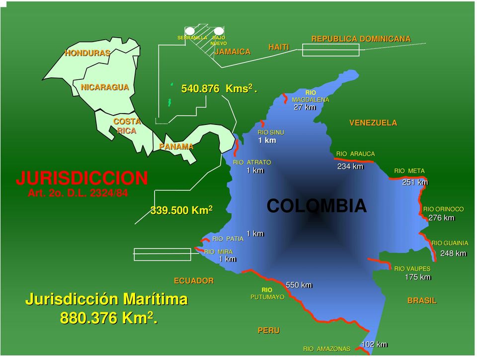 500 Km 2 RIO SINU 1km RIO ATRATO 1km RIO MAGDALENA 27 km VENEZUELA RIO ARAUCA 234 km COLOMBIA RIO META 251
