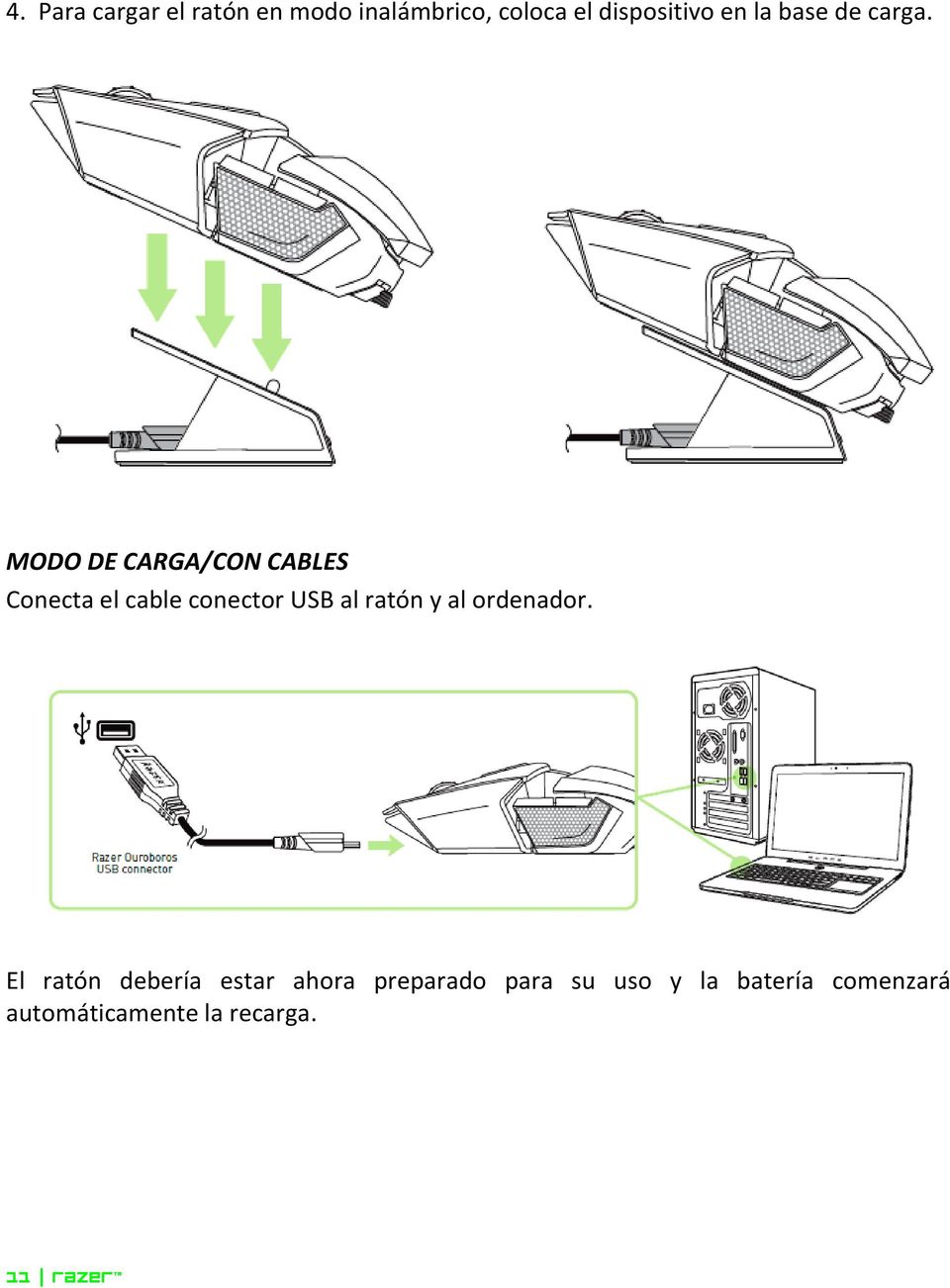 MODO DE CARGA/CON CABLES Conecta el cable conector USB al ratón y al