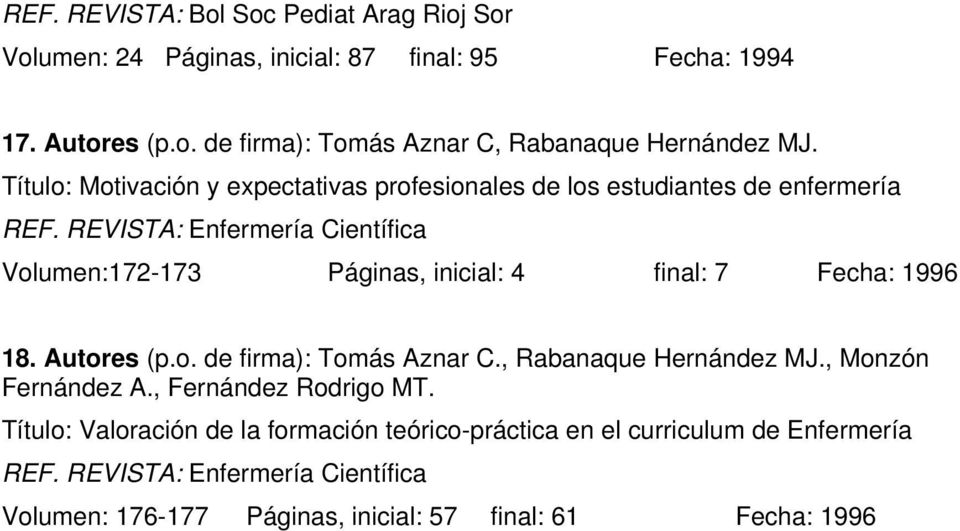 REVISTA: Enfermería Científica Volumen:172-173 Páginas, inicial: 4 final: 7 Fecha: 1996 18. Autores (p.o. de firma): Tomás Aznar C., Rabanaque Hernández MJ.