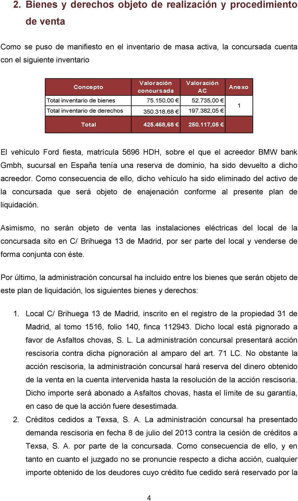 117,05 El vehículo Ford fiesta, matrícula 5696 HDH, sobre el que el acreedor BMW bank Gmbh, sucursal en España tenía una reserva de dominio, ha sido devuelto a dicho acreedor.