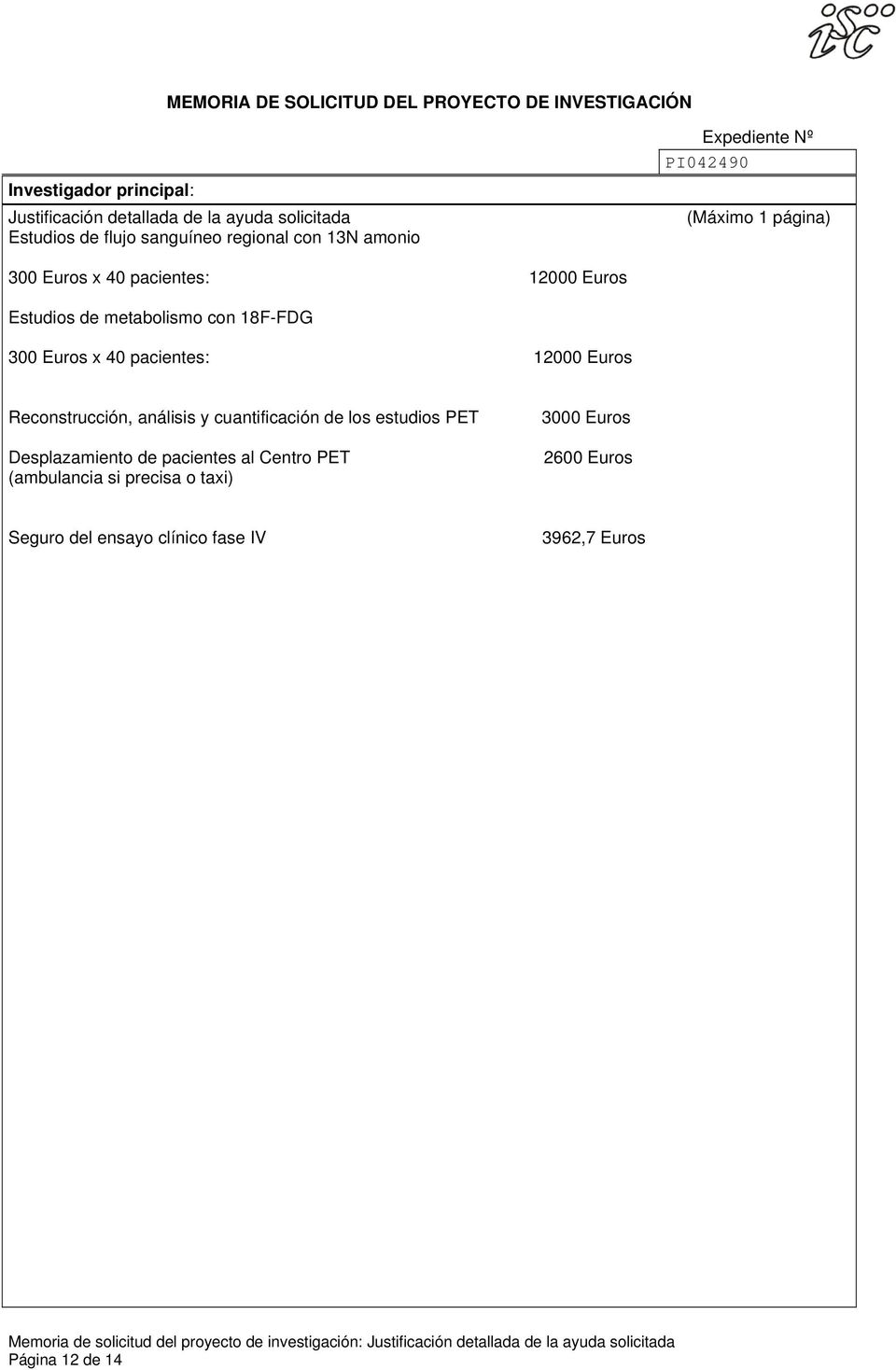 cuantificación de los estudios PET Desplazamiento de pacientes al Centro PET (ambulancia si precisa o taxi) 3000 Euros 2600 Euros Seguro del