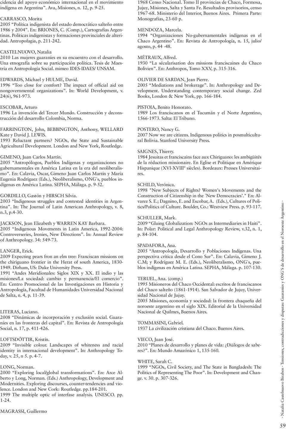 Políticas indigenistas y formaciones provinciales de alteridad. Antropofagia, p. 211-242. CASTELNUOVO, Natalia 2010 Las mujeres guaraníes en su encuentro con el desarrollo.