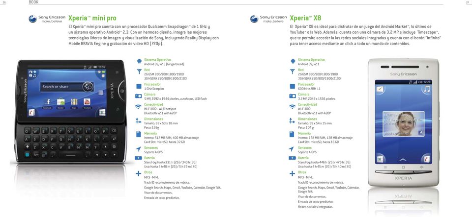 Xperia X8 El Xperia X8 es ideal para disfrutar de un juego del Android Market, lo último de YouTube o la Web. Además, cuenta con una cámara de 3.