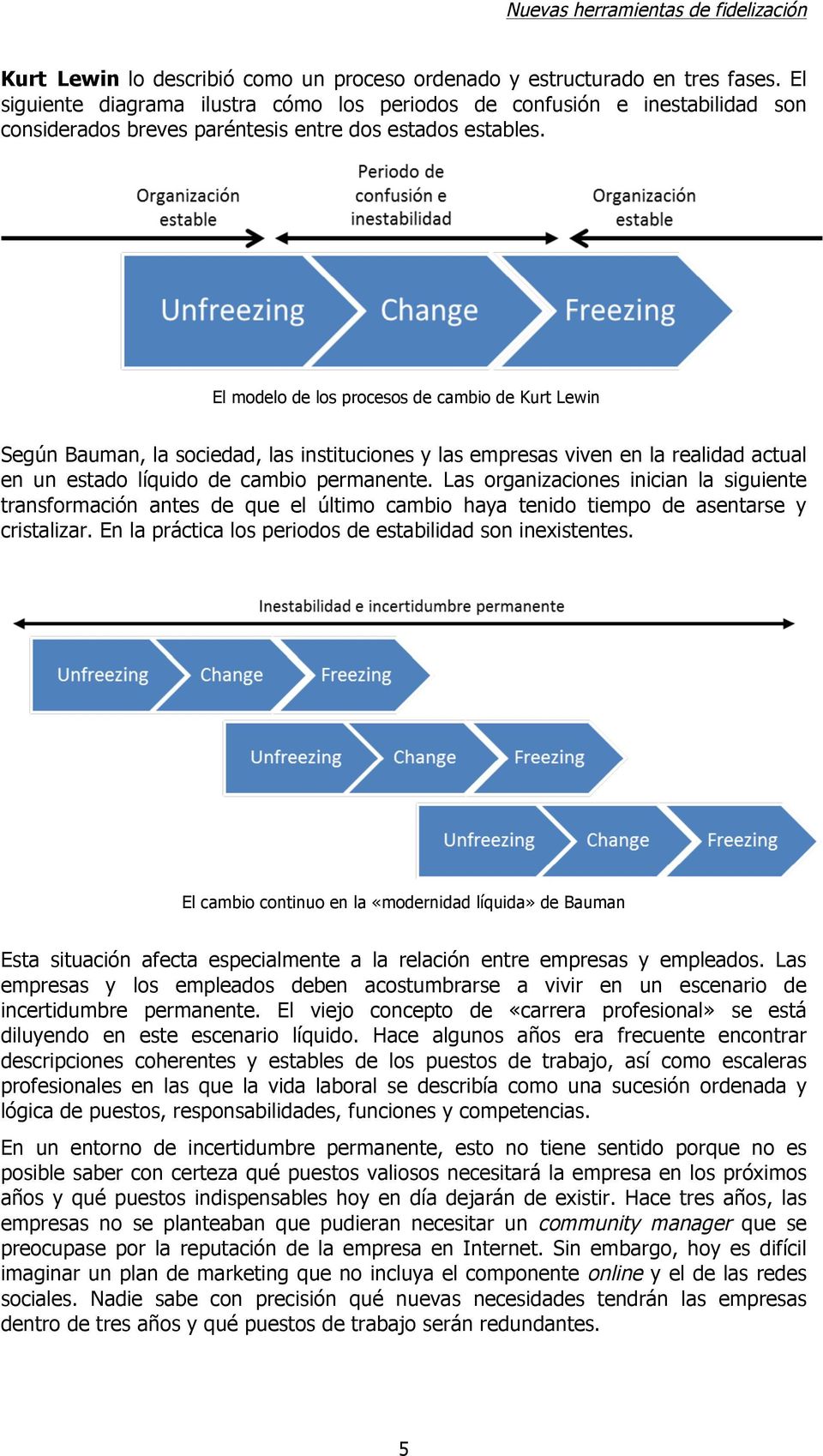 El modelo de los procesos de cambio de Kurt Lewin Según Bauman, la sociedad, las instituciones y las empresas viven en la realidad actual en un estado líquido de cambio permanente.