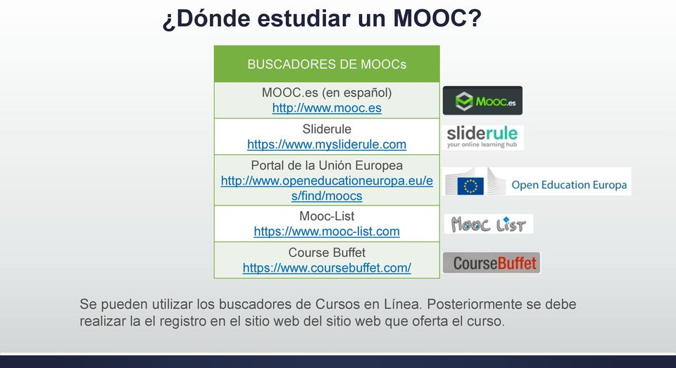 eu/e s/find/moocs Mooc-List https://www.mooc-list.com Course Buffet https://www.coursebuffet.