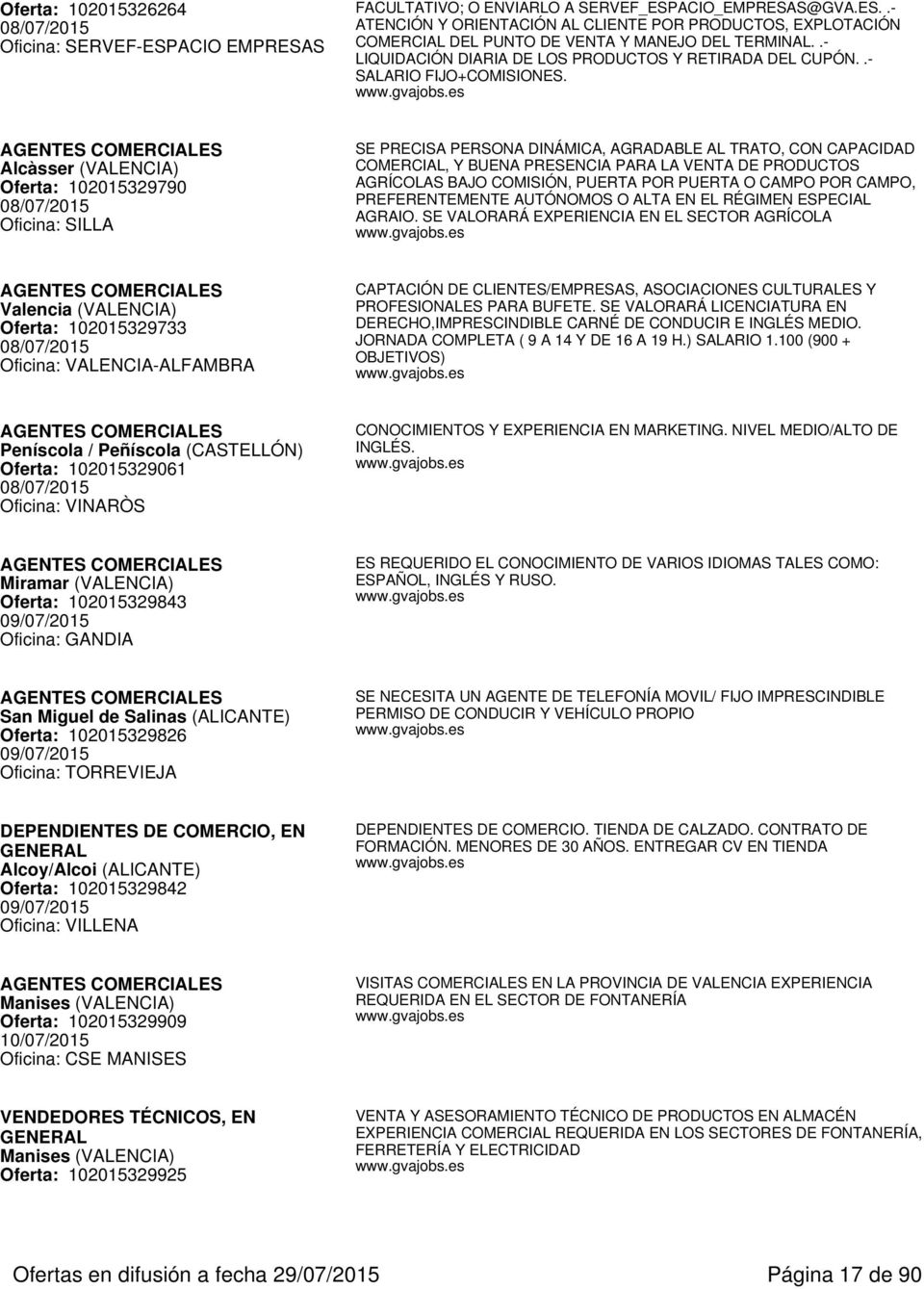 AGENTES COMERCIALES Alcàsser (VALENCIA) Oferta: 102015329790 08/07/2015 Oficina: SILLA SE PRECISA PERSONA DINÁMICA, AGRADABLE AL TRATO, CON CAPACIDAD COMERCIAL, Y BUENA PRESENCIA PARA LA VENTA DE