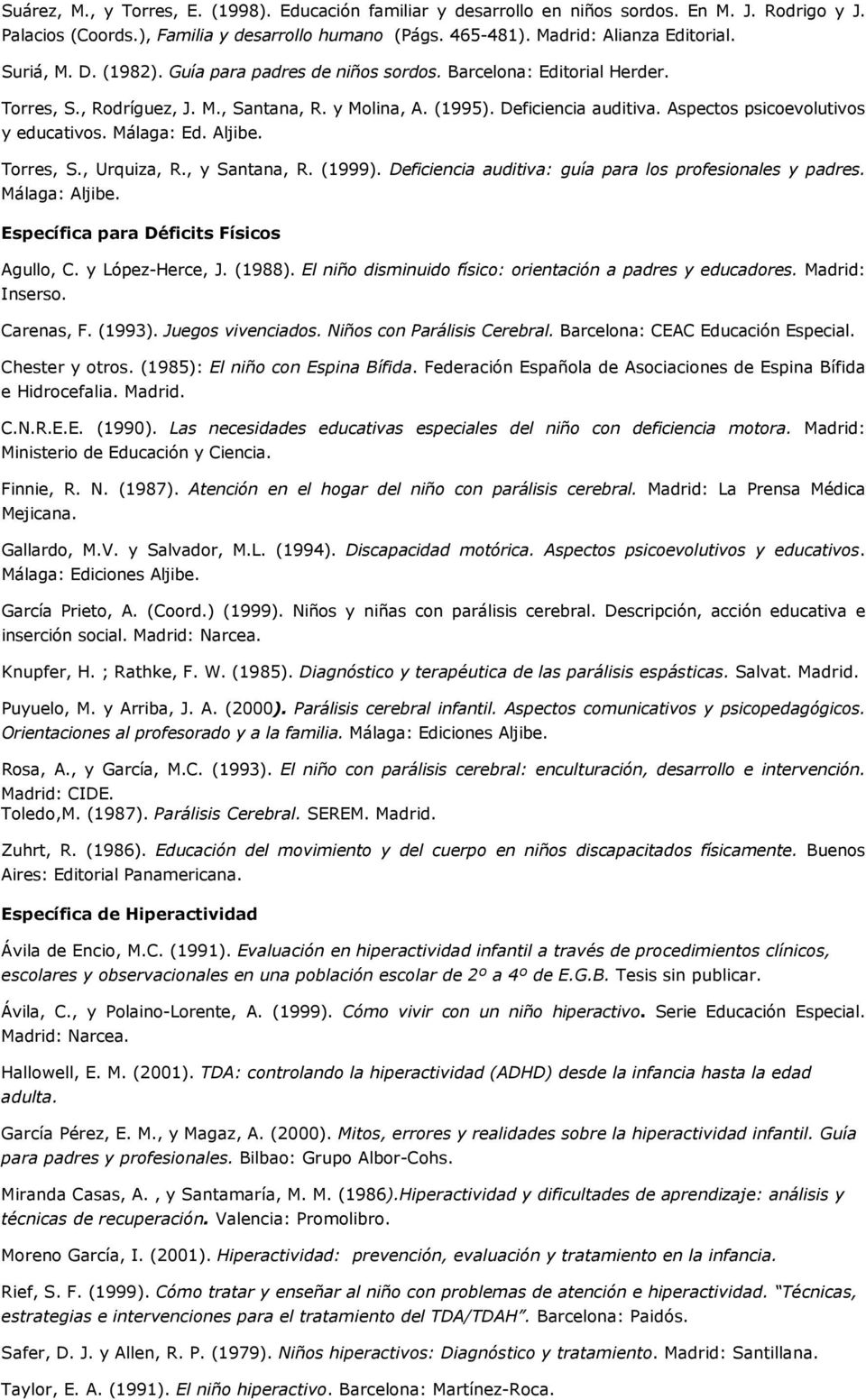 Aspectos psicoevolutivos y educativos. Málaga: Ed. Aljibe. Torres, S., Urquiza, R., y Santana, R. (1999). Deficiencia auditiva: guía para los profesionales y padres. Málaga: Aljibe.