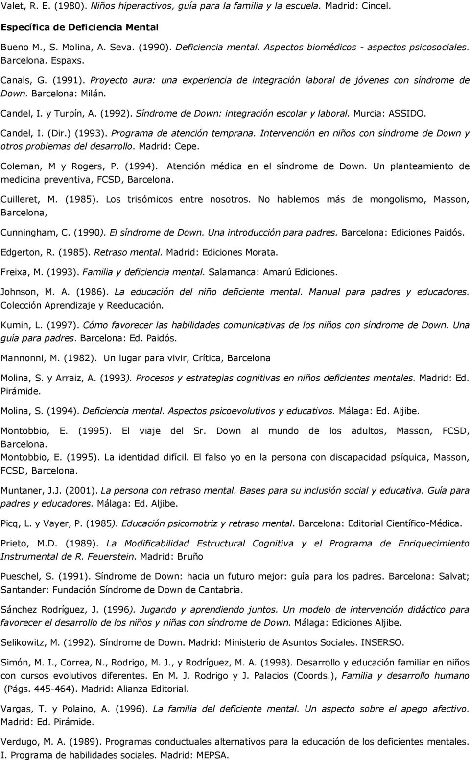 y Turpín, A. (1992). Síndrome de Down: integración escolar y laboral. Murcia: ASSIDO. Candel, I. (Dir.) (1993). Programa de atención temprana.
