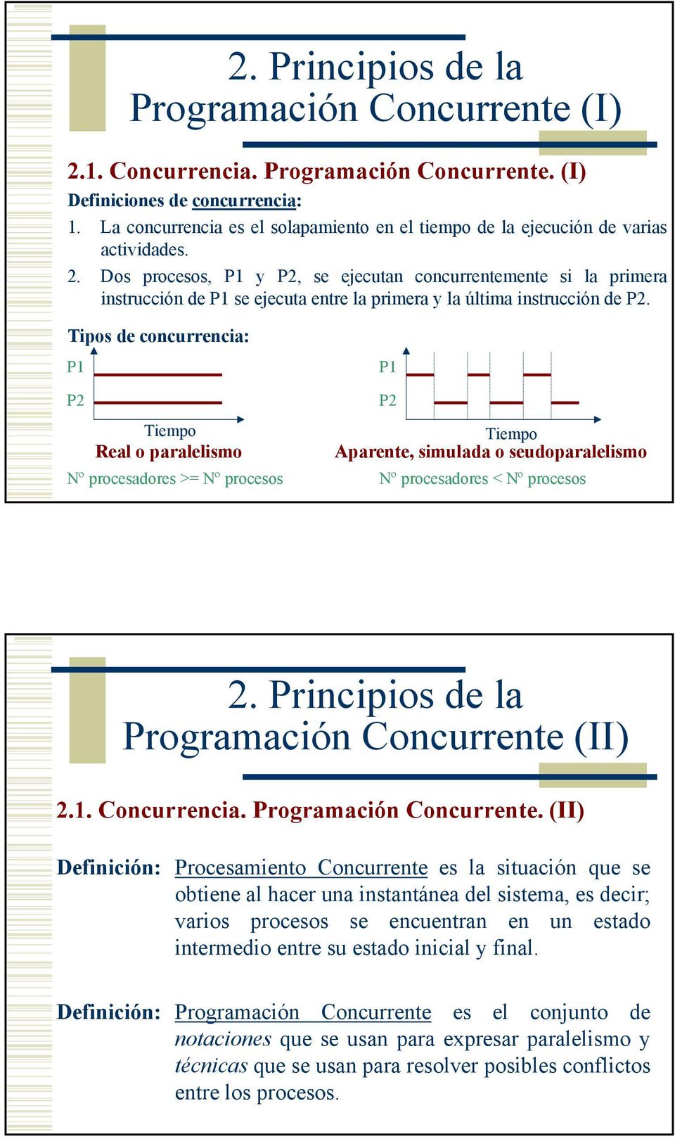Dos procesos, P1 y P2, se ejecutan concurrentemente si la primera instrucción de P1 se ejecuta entre la primera y la última instrucción de P2.