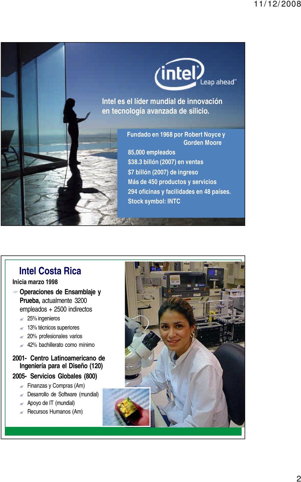 Stock symbol: INTC Intel Costa Rica Inicia marzo 1998 Operaciones de Ensamblaje y Prueba, actualmente 3200 empleados + 2500 indirectos 25% ingenieros 13% técnicos superiores