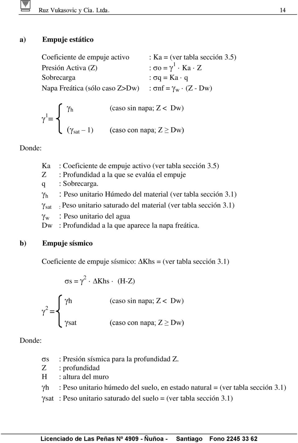 activo (ver tabla sección 3.5) Z : Profundidad a la que se evalúa el empuje q : Sobrecarga. h Peso unitario Húmedo del material (ver tabla sección 3.