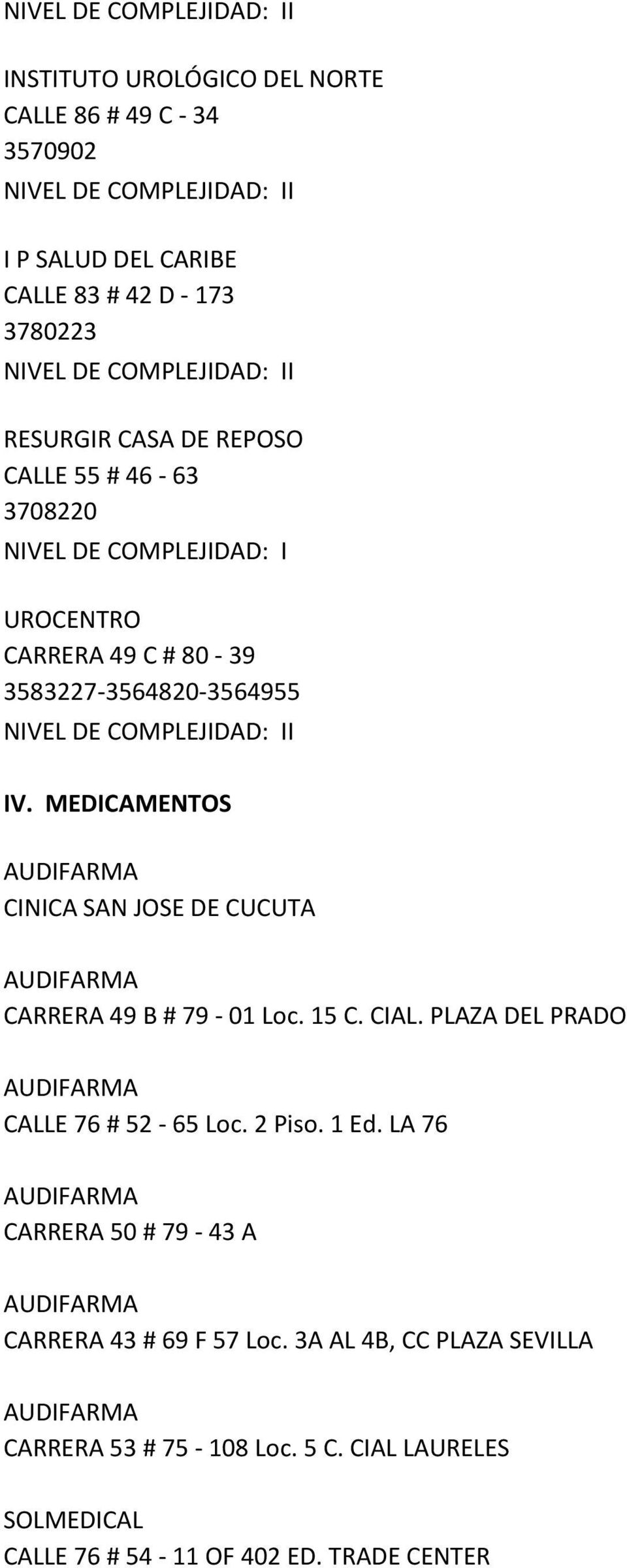 MEDICAMENTOS CINICA SAN JOSE DE CUCUTA CARRERA 49 B # 79 01 Loc. 15 C. CIAL. PLAZA DEL PRADO CALLE 76 # 52 65 Loc. 2 Piso. 1 Ed.