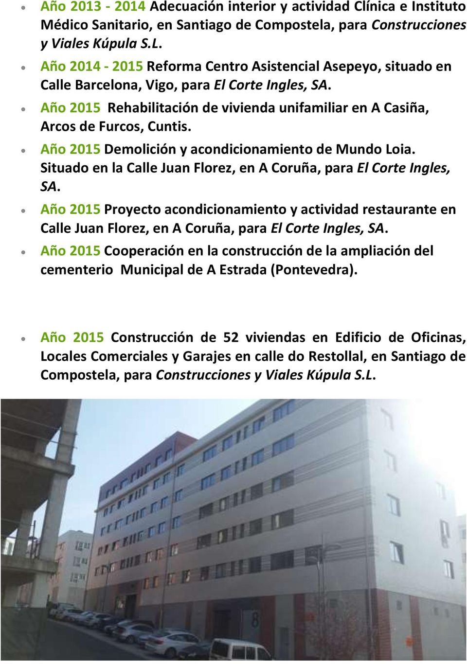 Año 2015 Demolición y acondicionamiento de Mundo Loia. Situado en la Calle Juan Florez, en A Coruña, para El Corte Ingles, SA.