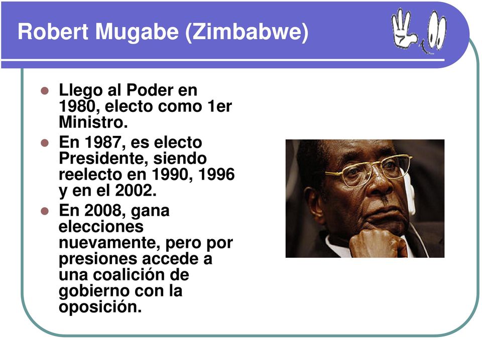 En 1987, es electo Presidente, siendo reelecto en 1990, 1996 y
