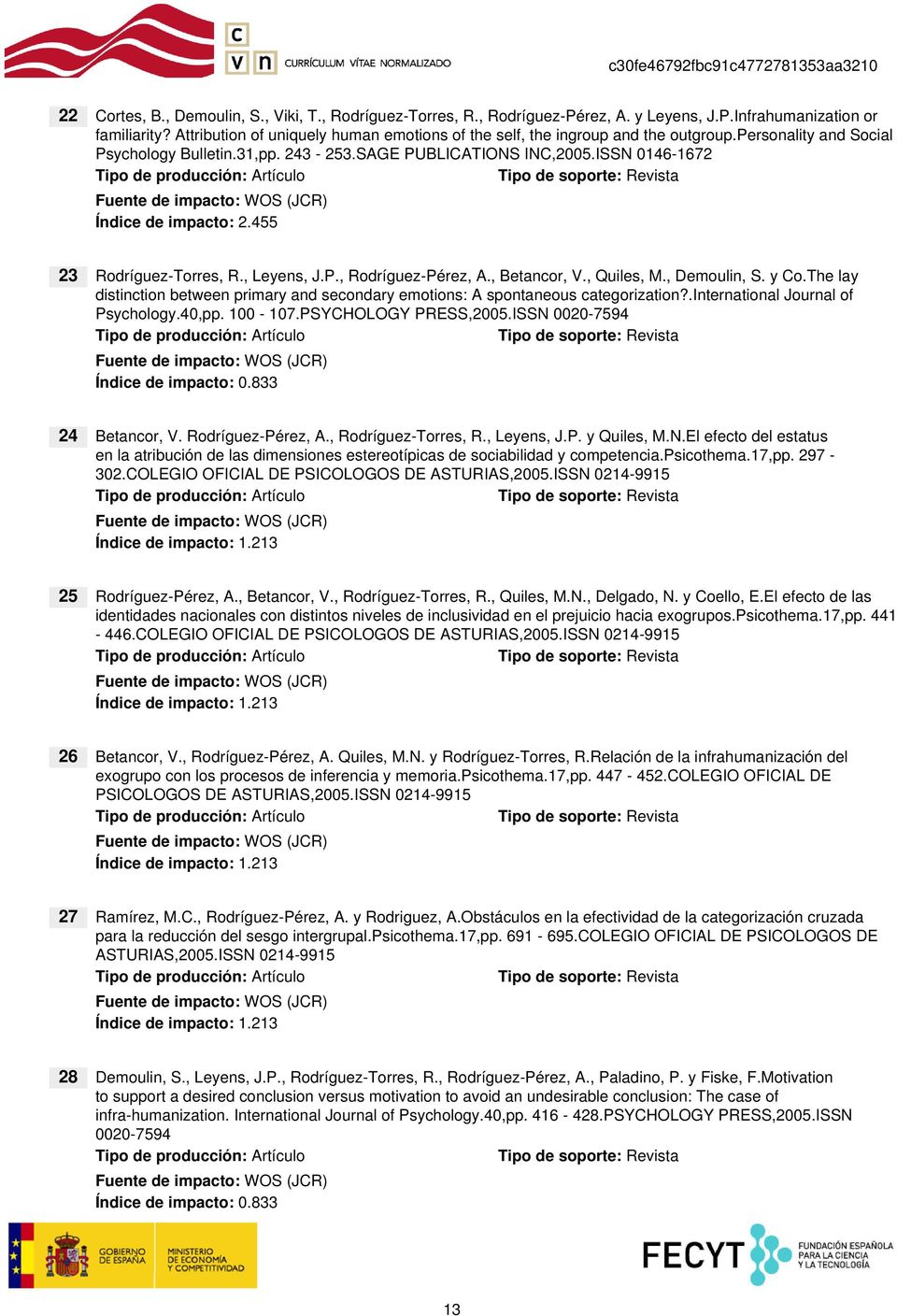 ISSN 0146-1672 Índice de impacto: 2.455 23 Rodríguez-Torres, R., Leyens, J.P., Rodríguez-Pérez, A., Betancor, V., Quiles, M., Demoulin, S. y Co.