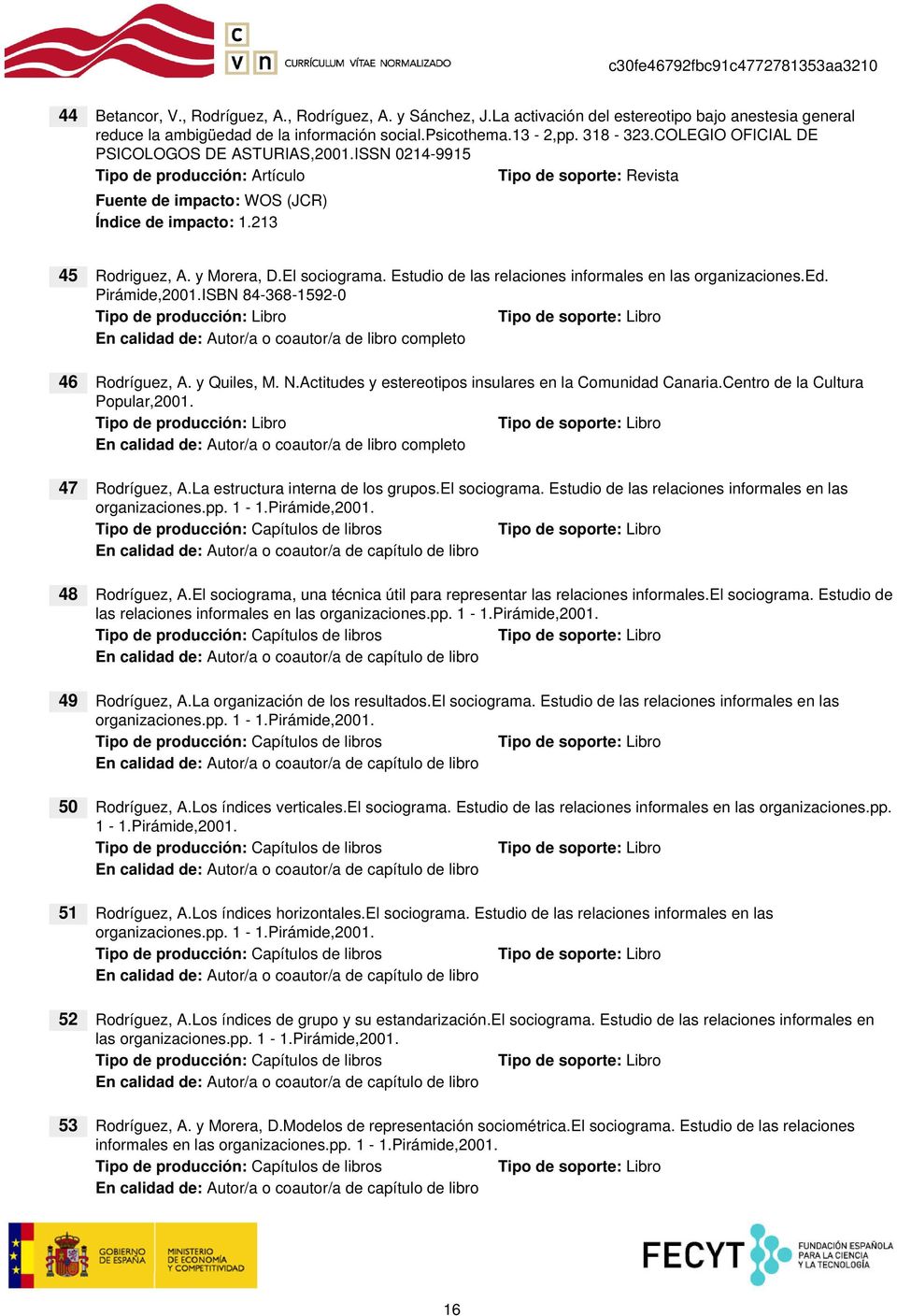 Pirámide,2001.ISBN 84-368-1592-0 Tipo de producción: Libro En calidad de: Autor/a o coautor/a de libro completo 46 Rodríguez, A. y Quiles, M. N.