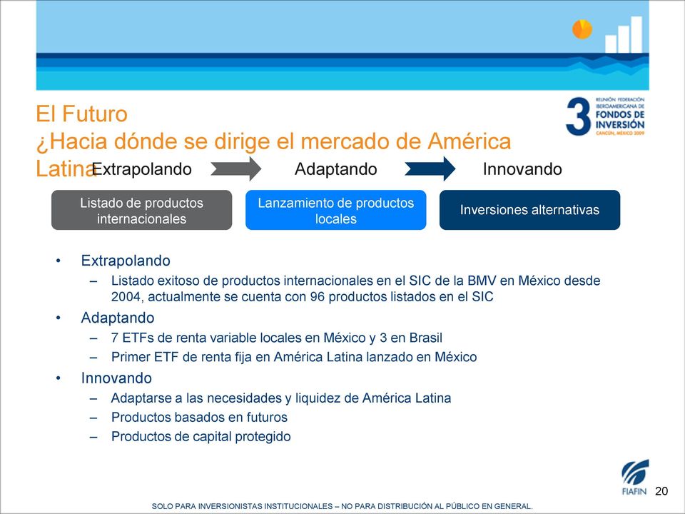 actualmente se cuenta con 96 productos listados en el SIC Adaptando 7 ETFs de renta variable locales en México y 3 en Brasil Primer ETF de renta fija