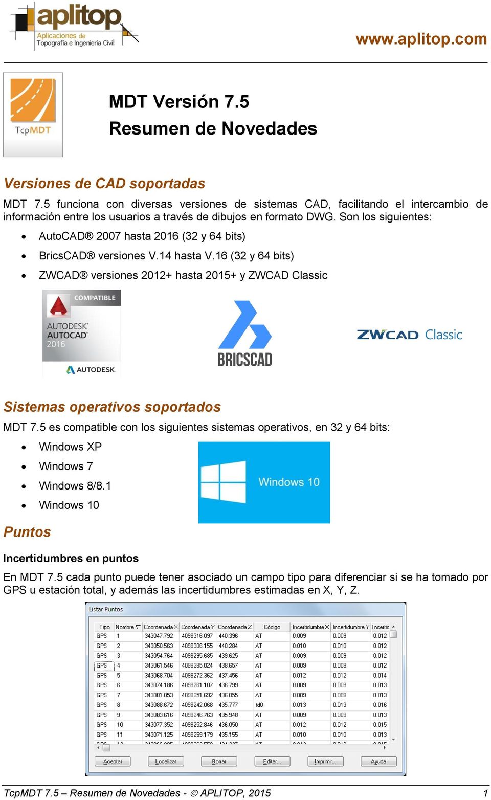 Son los siguientes: AutoCAD 2007 hasta 2016 (32 y 64 bits) BricsCAD versiones V.14 hasta V.16 (32 y 64 bits) ZWCAD versiones 2012+ hasta 2015+ y ZWCAD Classic Sistemas operativos soportados MDT 7.