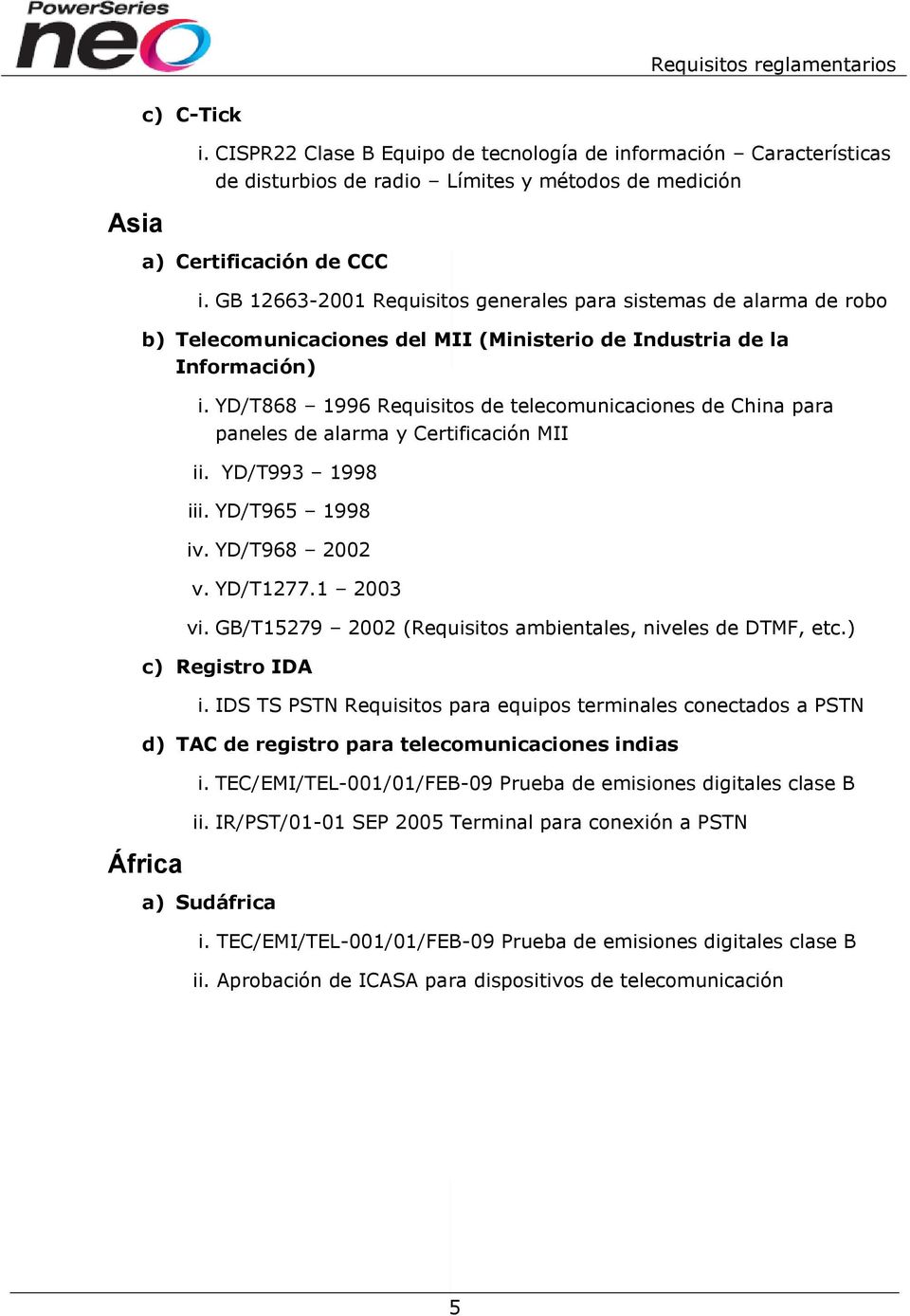 YD/T868 1996 Requisitos de telecomunicaciones de China para paneles de alarma y Certificación MII ii. YD/T993 1998 iii. YD/T965 1998 iv. YD/T968 2002 v. YD/T1277.1 2003 vi.