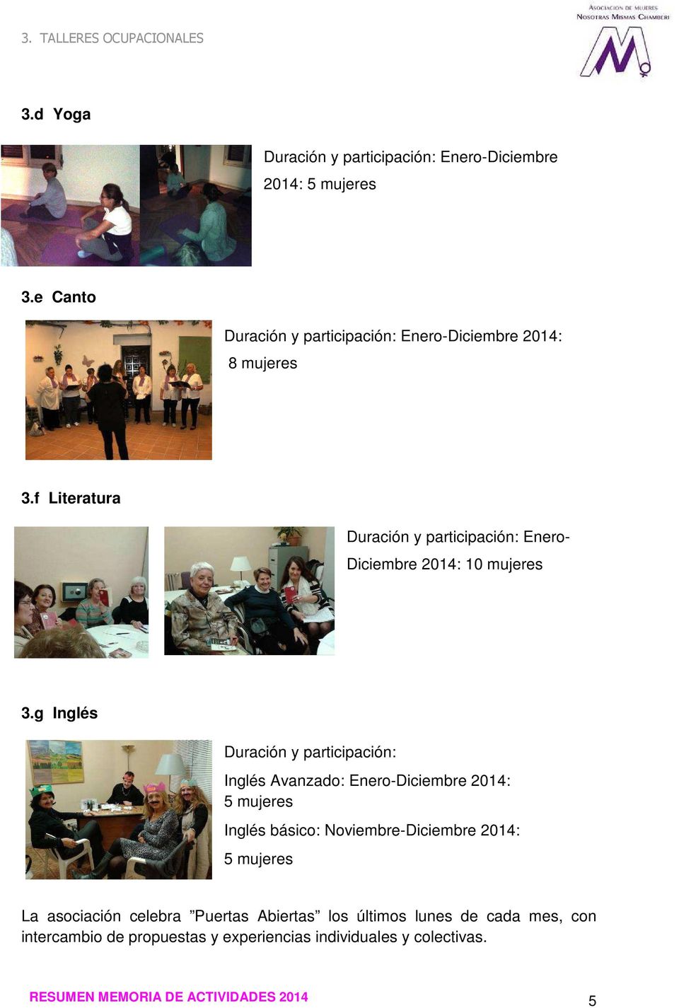 f Literatura Duración y participación: Enero- Diciembre 2014: 10 mujeres 3.