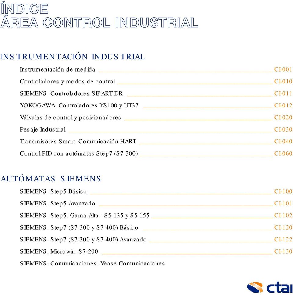 Comunicación HART CI-040 Control PID con autómatas Step7 (S7-300) CI-060 AUTÓMATAS SIEMENS SIEMENS. Step5 Básico CI-100 SIEMENS. Step5 Avanzado CI-101 SIEMENS.