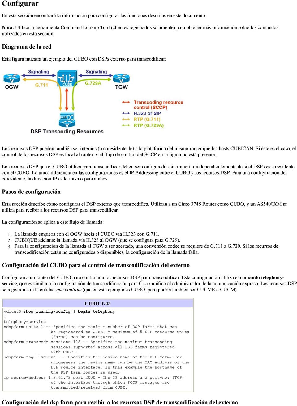 Diagrama de la red Esta figura muestra un ejemplo del CUBO con DSPs externo para transcodificar: Los recursos DSP pueden también ser internos (o coresidente de) a la plataforma del mismo router que