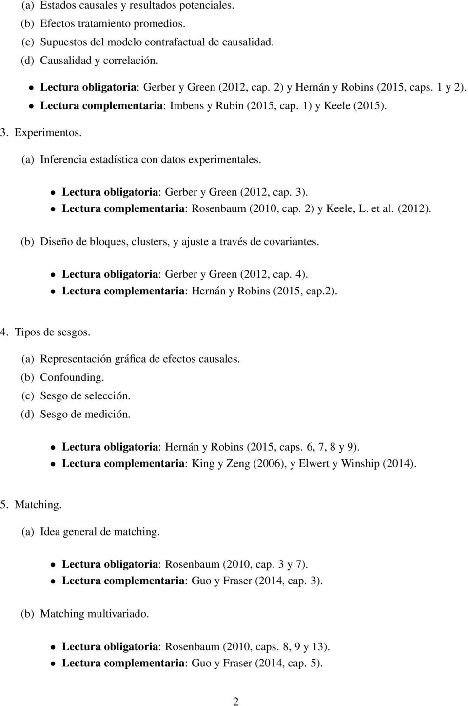 (a) Inferencia estadística con datos experimentales. Lectura obligatoria: Gerber y Green (2012, cap. 3). Lectura complementaria: Rosenbaum (2010, cap. 2) y Keele, L. et al. (2012).